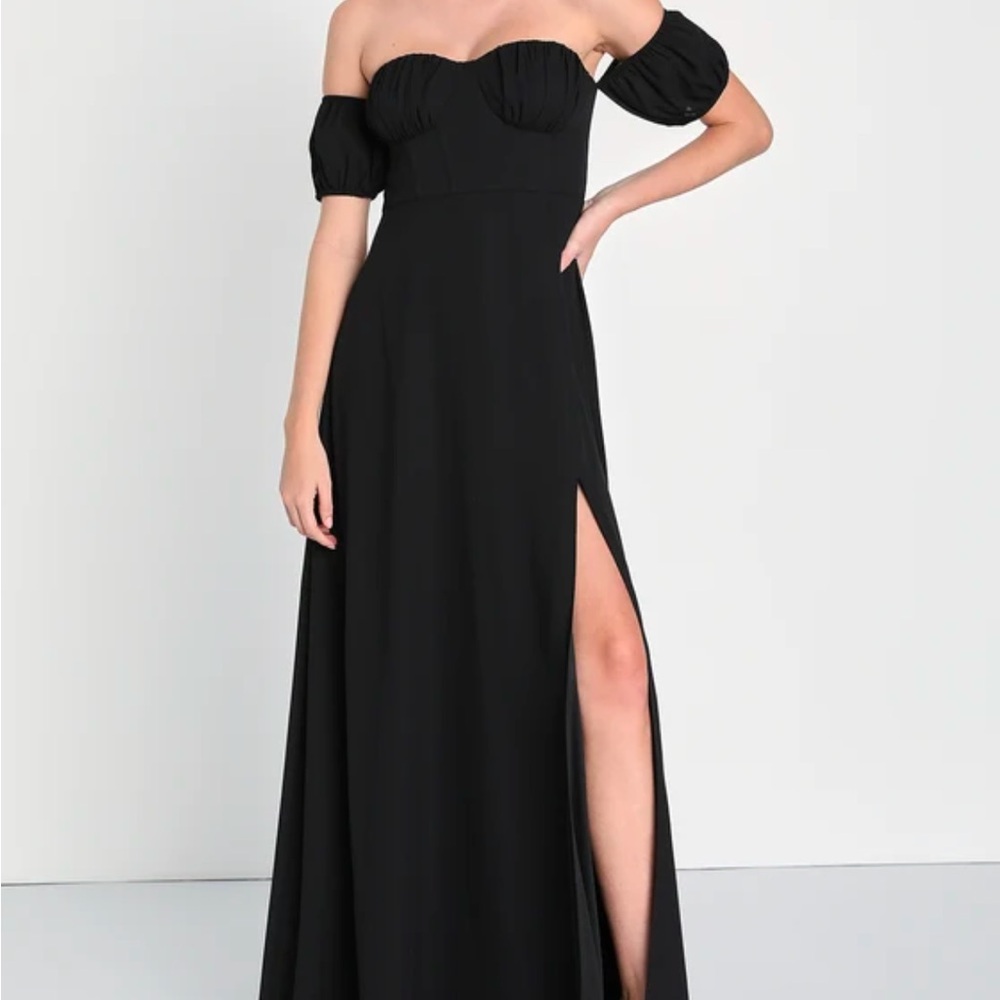 Lulus Dramatic Inspiration Black Off-the-Shoulder Bustier Maxi Dress